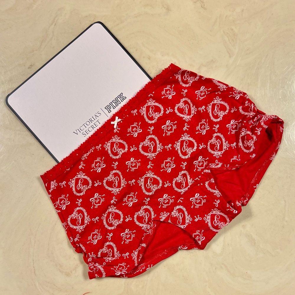Victoria's Secret Pink Cotton Dorm Boyshort Bright Red Heart Doile Bows Print M